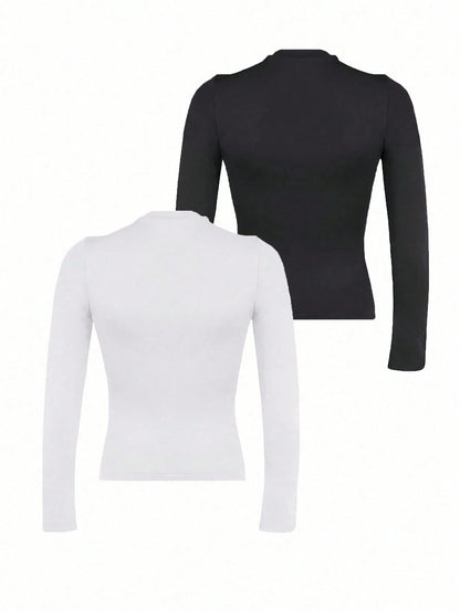 INAWLY Solva Women's Crew Neck Long Sleeve Fitted Pleated Solid Color Casual T-Shirt Fall Cloth For Women