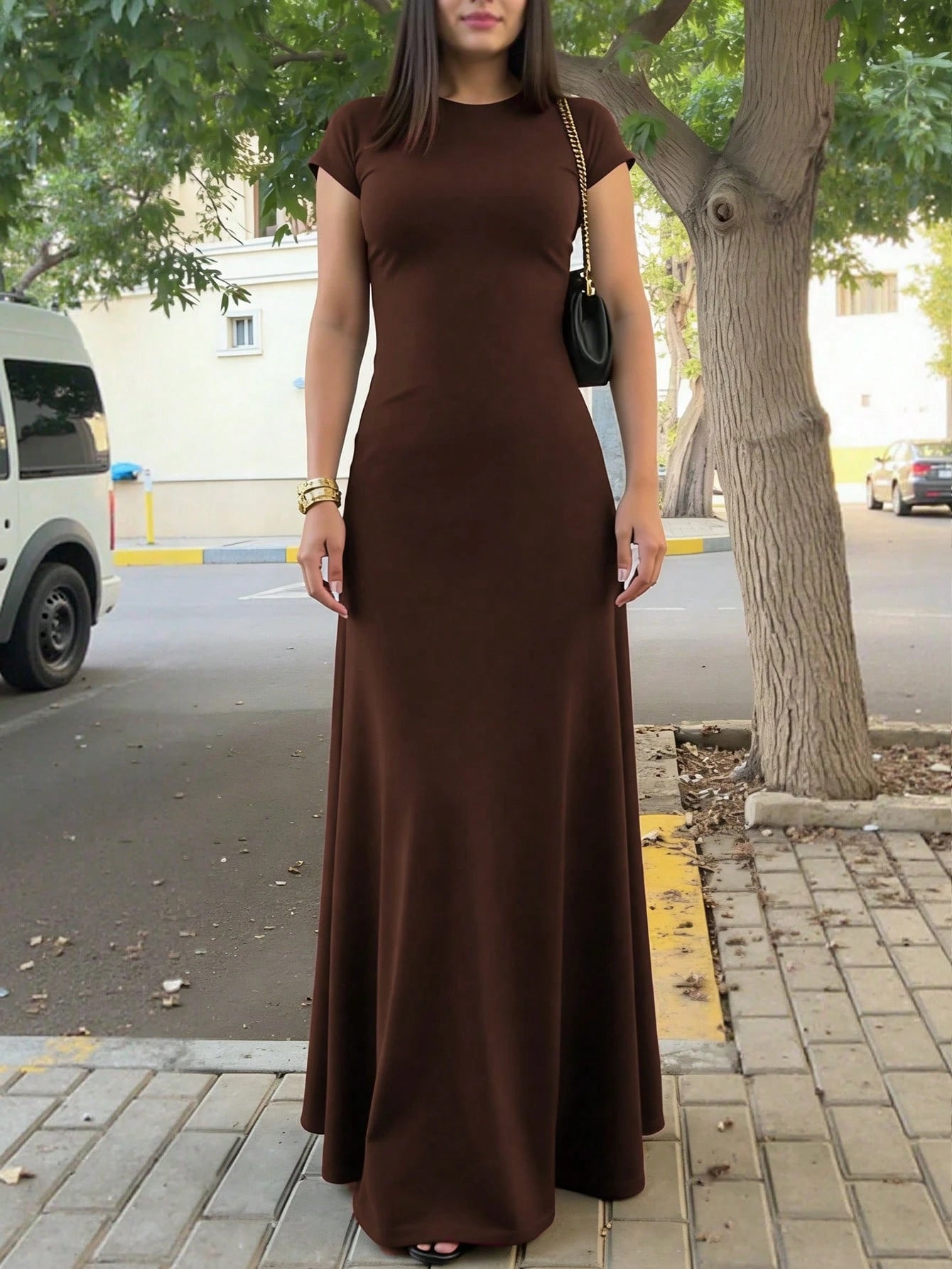 INAWLY Solva Women's Solid Color Round Neck Elegant Waist Cinched Long Party Dress