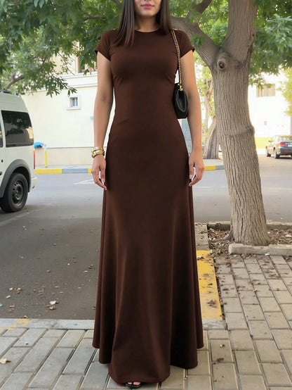 INAWLY Solva Women's Solid Color Round Neck Elegant Waist Cinched Long Party Dress