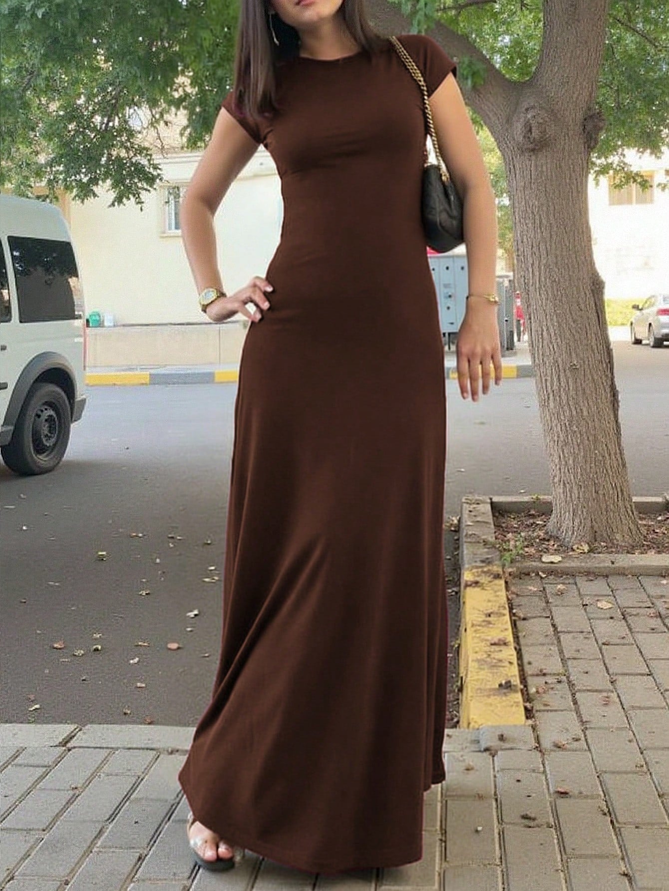 INAWLY Solva Women's Solid Color Round Neck Elegant Waist Cinched Long Party Dress