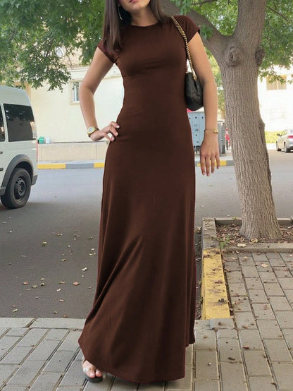 INAWLY Solva Women's Solid Color Round Neck Elegant Waist Cinched Long Party Dress