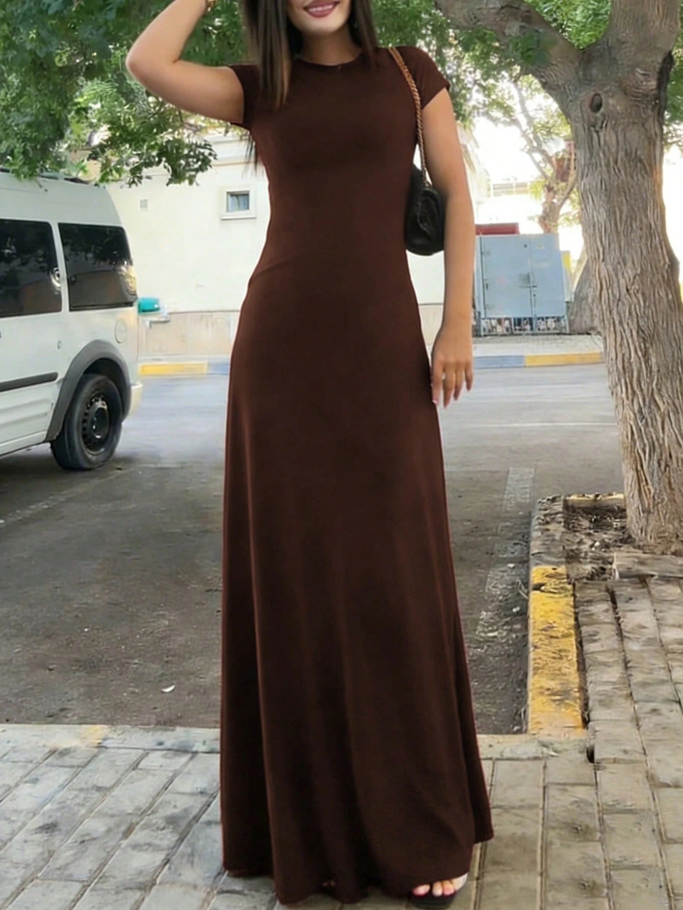 INAWLY Solva Women's Solid Color Round Neck Elegant Waist Cinched Long Party Dress