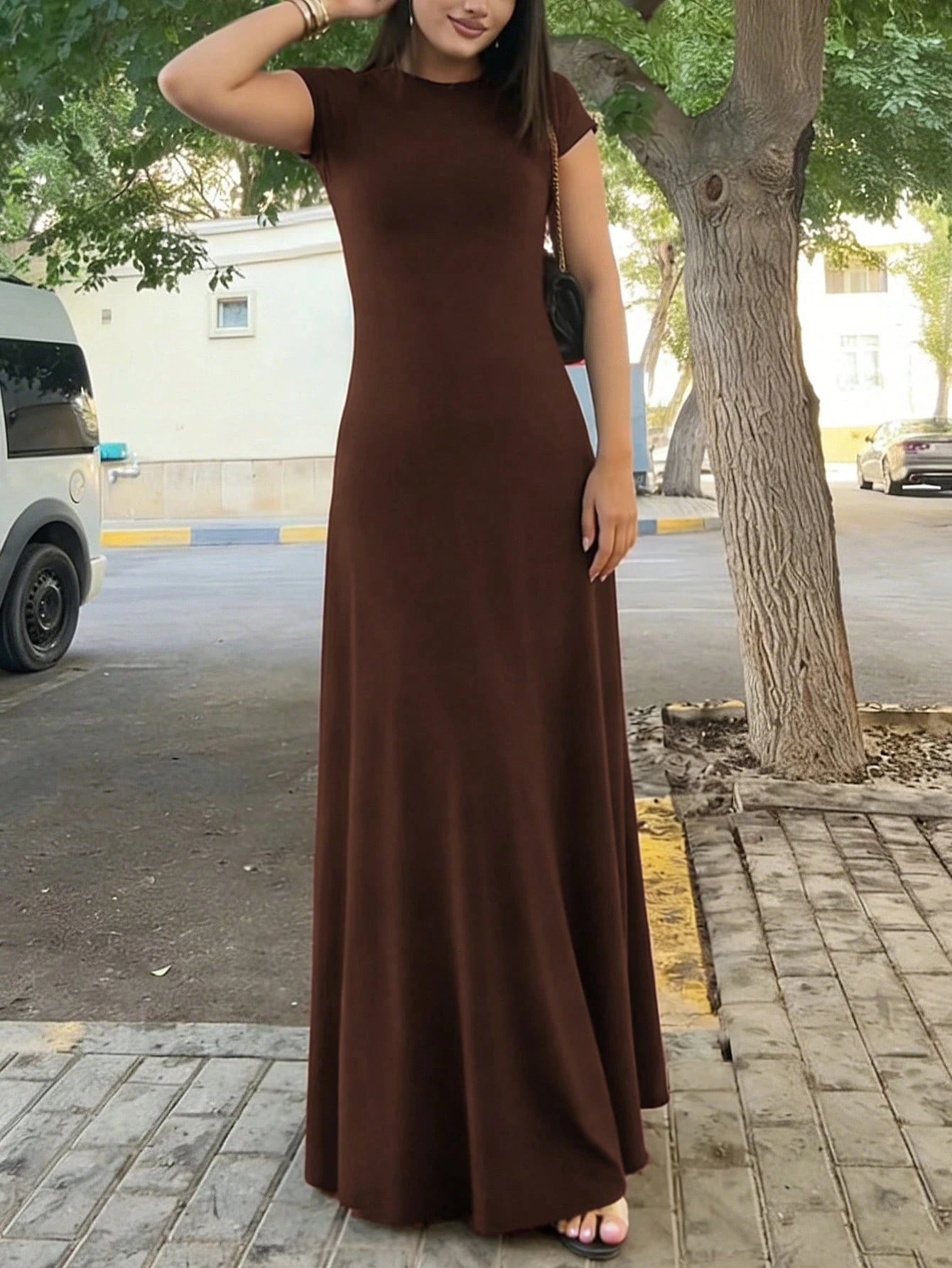 INAWLY Solva Women's Solid Color Round Neck Elegant Waist Cinched Long Party Dress