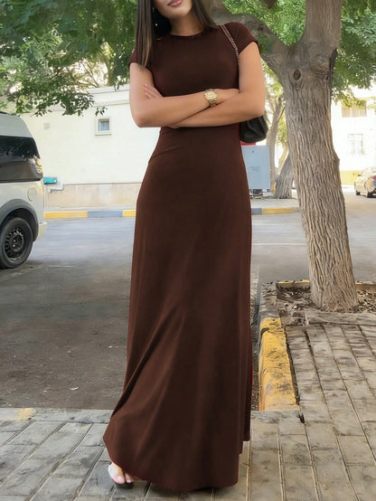 INAWLY Solva Women's Solid Color Round Neck Elegant Waist Cinched Long Party Dress