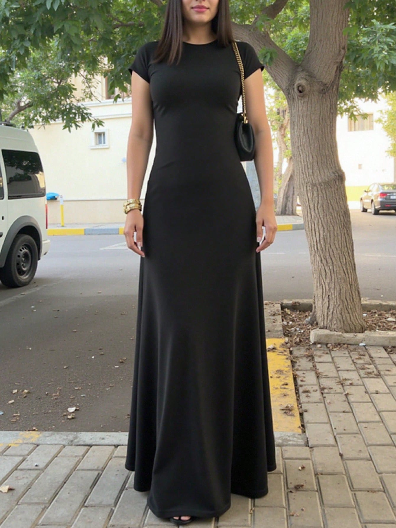 INAWLY Solva Women's Solid Color Round Neck Elegant Waist Cinched Long Party Dress