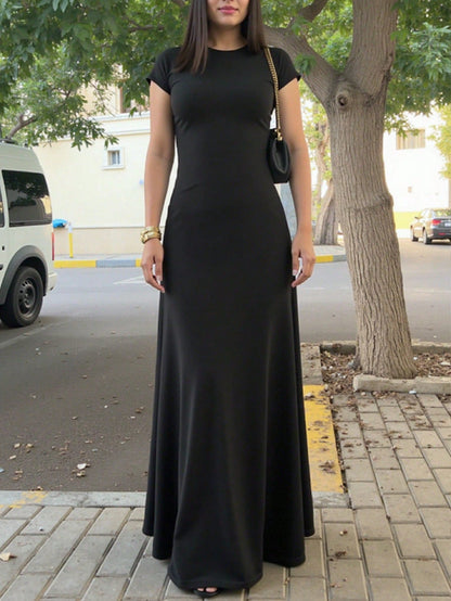 INAWLY Solva Women's Solid Color Round Neck Elegant Waist Cinched Long Party Dress