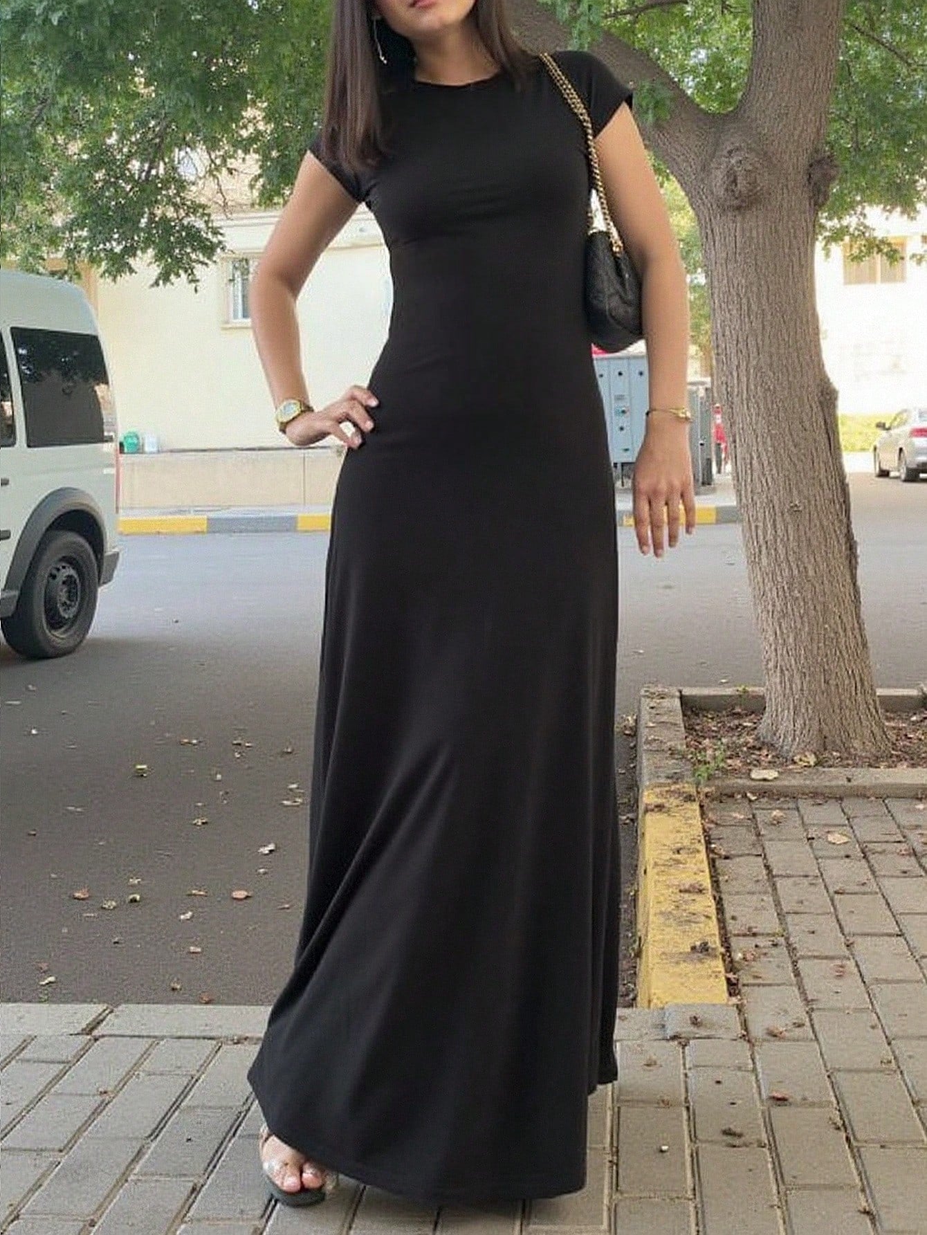 INAWLY Solva Women's Solid Color Round Neck Elegant Waist Cinched Long Party Dress
