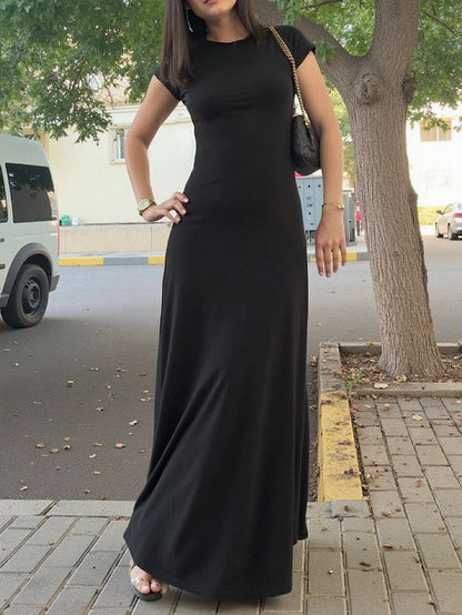 INAWLY Solva Women's Solid Color Round Neck Elegant Waist Cinched Long Party Dress