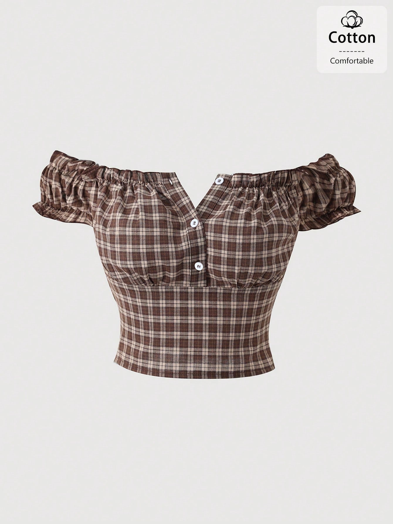 INAWLY Summer New Off-Shoulder Ruffle Classic Sexy Plaid Short Sleeve Ruffle Sleeve Women Blouse Shirt, Suitable For Travel, Date, Vacation, Commute, Party