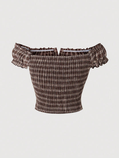 INAWLY Summer New Off-Shoulder Ruffle Classic Sexy Plaid Short Sleeve Ruffle Sleeve Women Blouse Shirt, Suitable For Travel, Date, Vacation, Commute, Party
