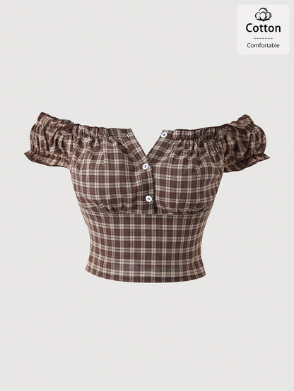 INAWLY Summer New Off-Shoulder Ruffle Classic Sexy Plaid Short Sleeve Ruffle Sleeve Women Blouse Shirt, Suitable For Travel, Date, Vacation, Commute, Party