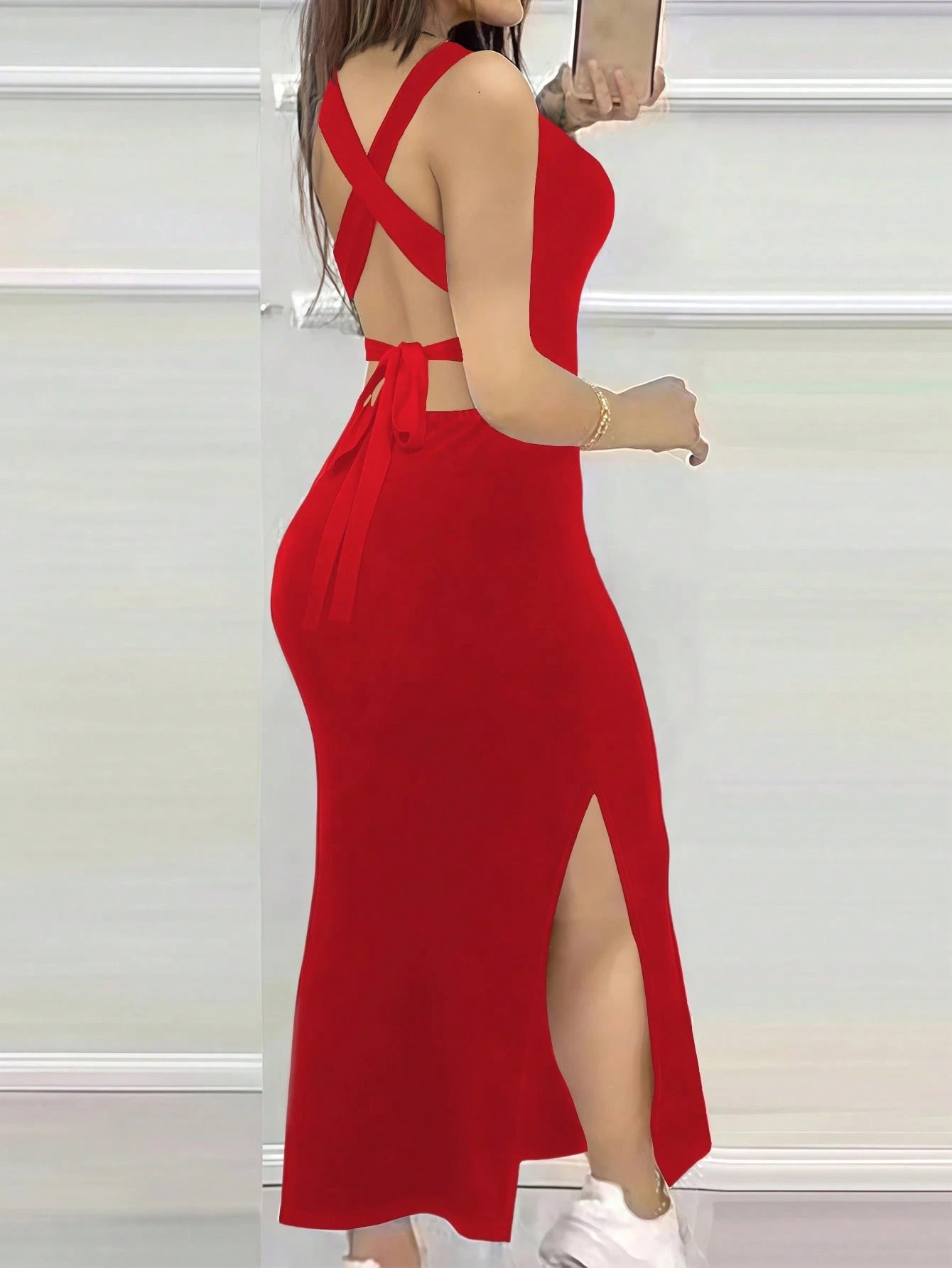 INAWLY Tight Fitted Sexy Low Neck Backless Criss-Cross Strap Slit Dress