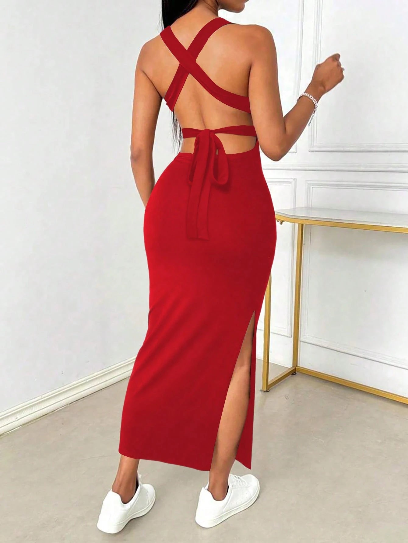 INAWLY Tight Fitted Sexy Low Neck Backless Criss-Cross Strap Slit Dress