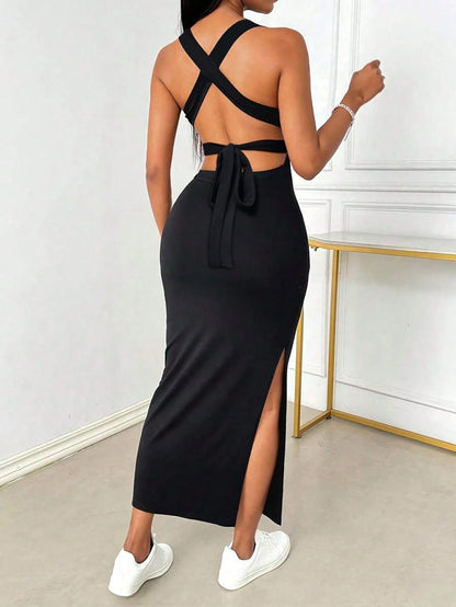 INAWLY Tight Fitted Sexy Low Neck Backless Criss-Cross Strap Slit Dress