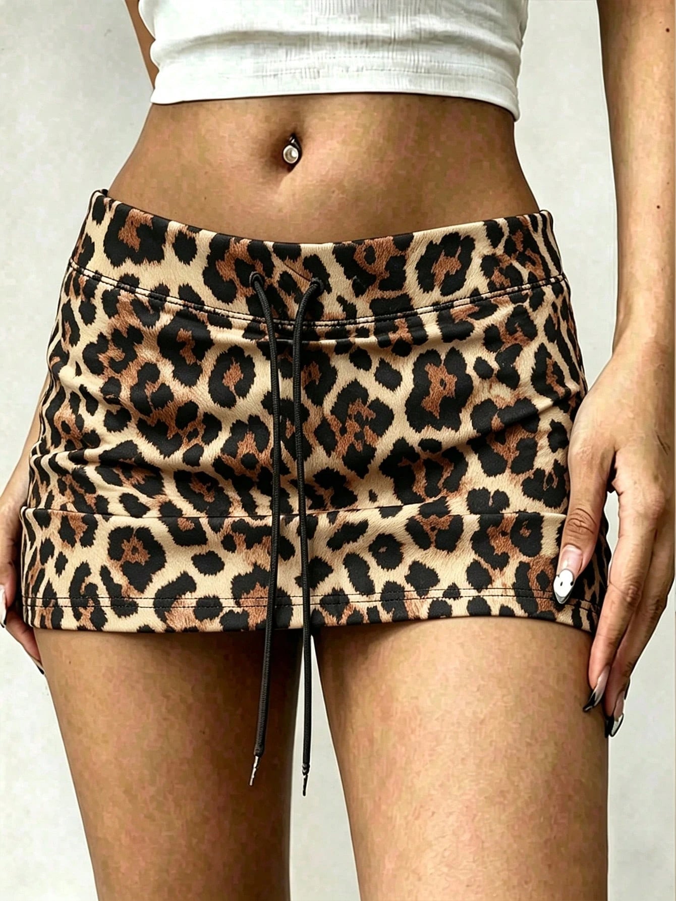 INAWLY Women's Leopard Print Drawstring Low Waist Mini Skirt