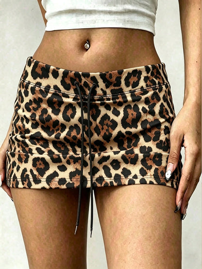 INAWLY Women's Leopard Print Drawstring Low Waist Mini Skirt
