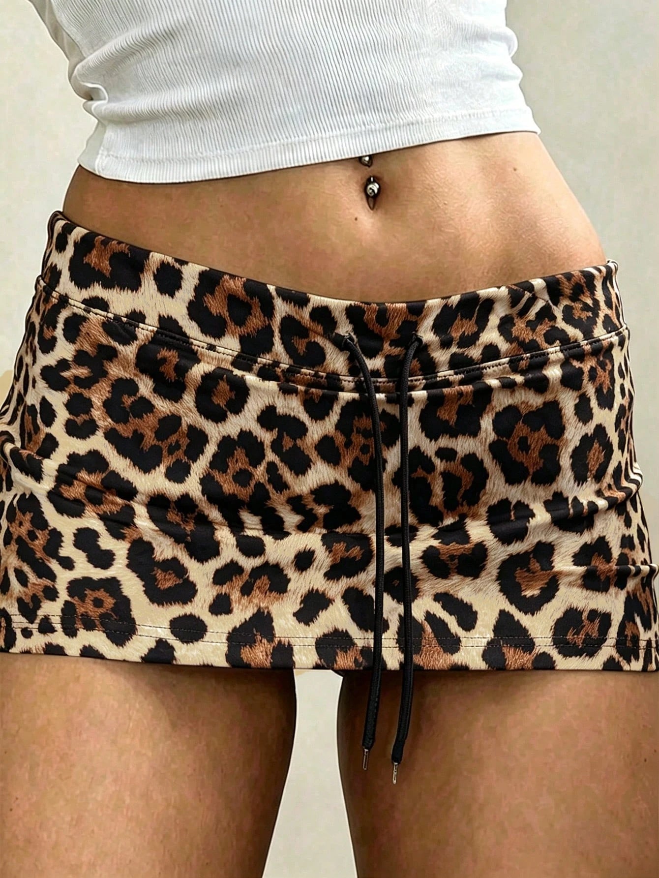 INAWLY Women's Leopard Print Drawstring Low Waist Mini Skirt