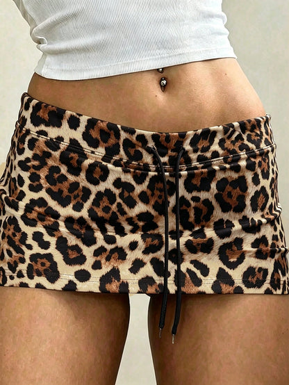 INAWLY Women's Leopard Print Drawstring Low Waist Mini Skirt