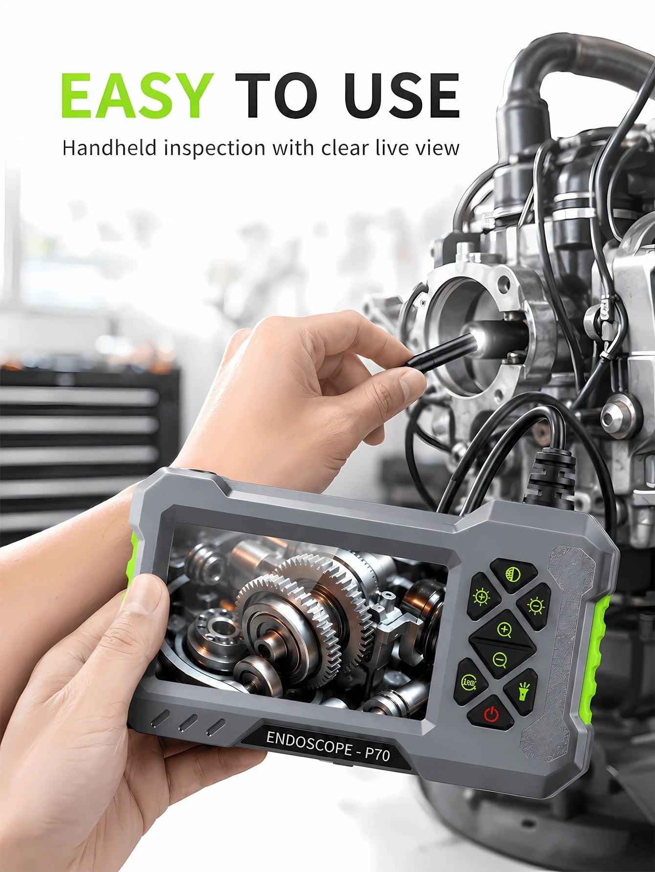 Industrial Endoscope Camera, 4.3" IPS Screen, IP67 Waterproof, 2600mAh Type-C Rechargeable, 5m/16.4ft Cable, With Magnet, Hook, Side Mirror, Suitable For Pipe Inspection, Auto Repair, HVAC, Automotive