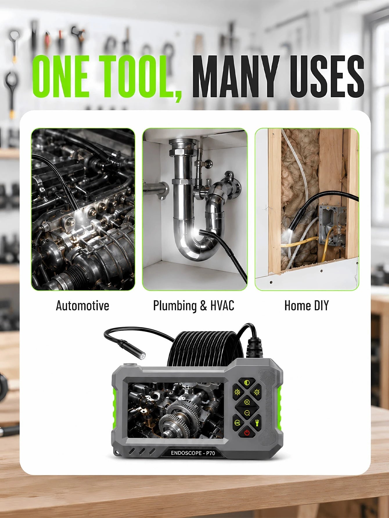 Industrial Endoscope Camera, 4.3" IPS Screen, IP67 Waterproof, 2600mAh Type-C Rechargeable, 5m/16.4ft Cable, With Magnet, Hook, Side Mirror, Suitable For Pipe Inspection, Auto Repair, HVAC, Automotive
