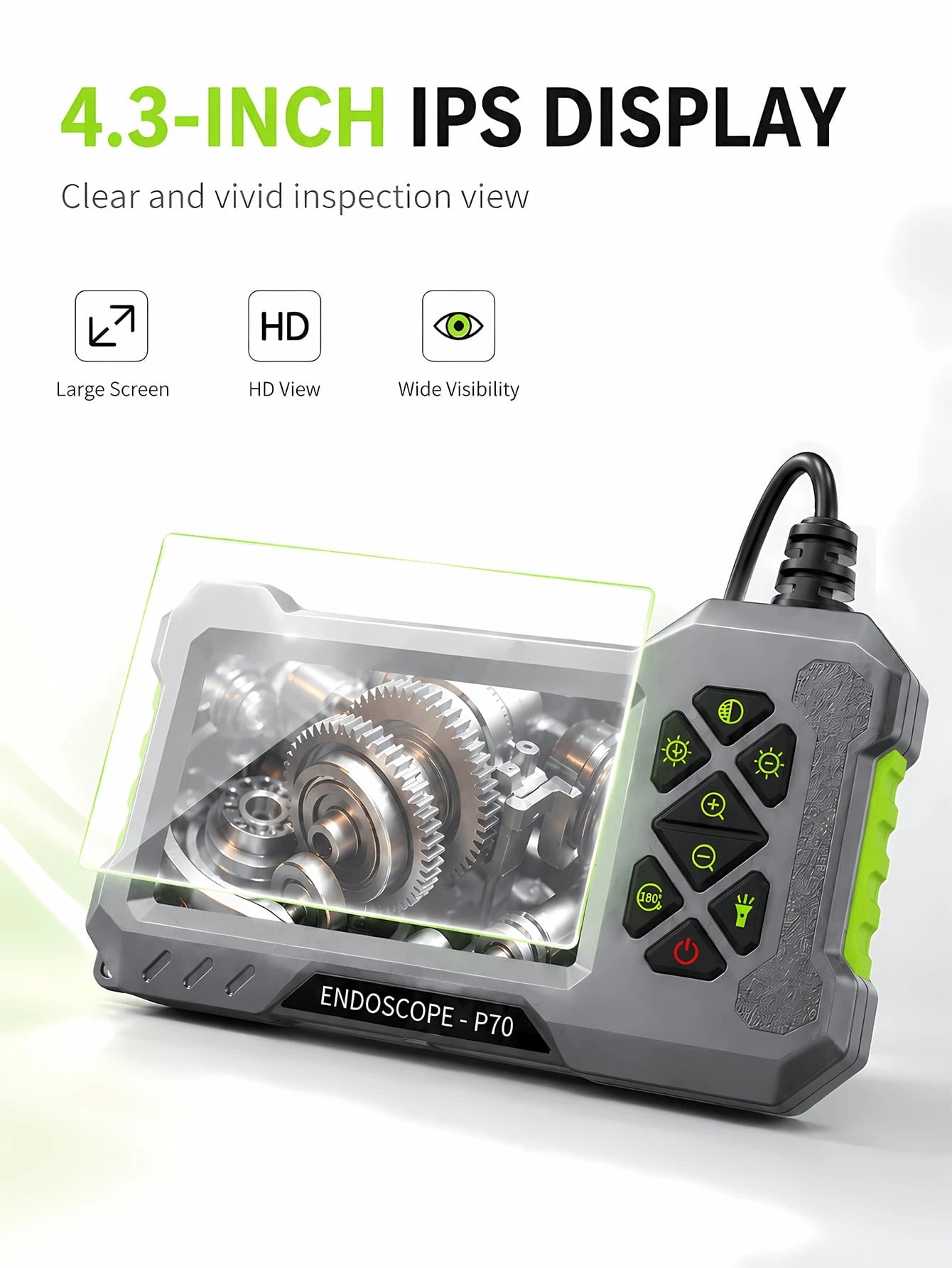 Industrial Endoscope Camera, 4.3" IPS Screen, IP67 Waterproof, 2600mAh Type-C Rechargeable, 5m/16.4ft Cable, With Magnet, Hook, Side Mirror, Suitable For Pipe Inspection, Auto Repair, HVAC, Automotive