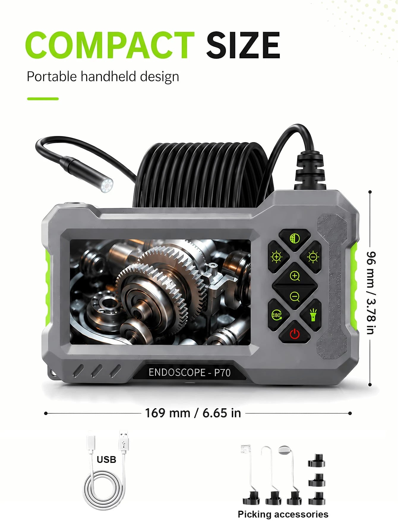Industrial Endoscope Camera, 4.3" IPS Screen, IP67 Waterproof, 2600mAh Type-C Rechargeable, 5m/16.4ft Cable, With Magnet, Hook, Side Mirror, Suitable For Pipe Inspection, Auto Repair, HVAC, Automotive