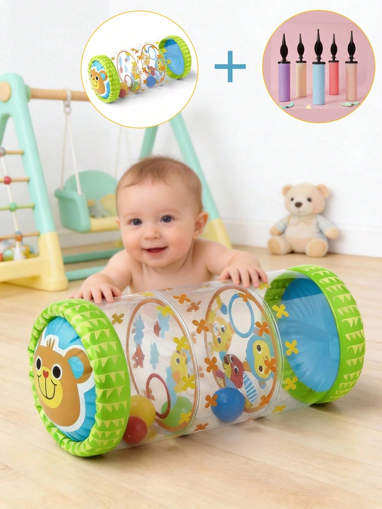 Infant Crawling Toy Encourages Crawling, Green, Blue, Early Development Baby Activity With Rattle And Rolling Ball, Built-In Bell Fun Cute Animal Style Helps Develop Motor Skills, 6 Months, 1 2 3 Year