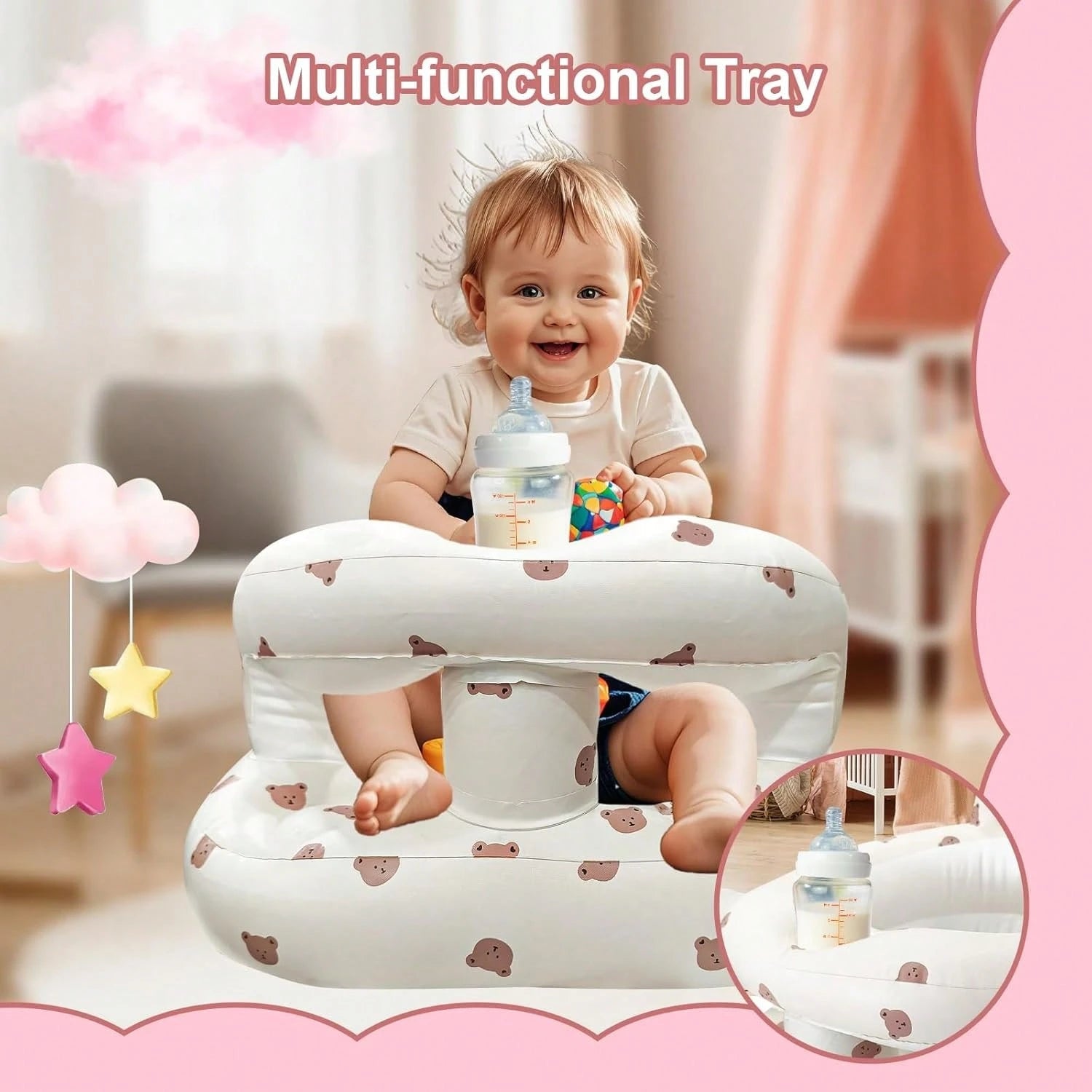 Inflatable Baby Seat, Upright Baby Floor Seat- Built-In Air Pump, Portable Baby Seat Suitable For 3-36 Months- Non Slip Design, Soft Cushion