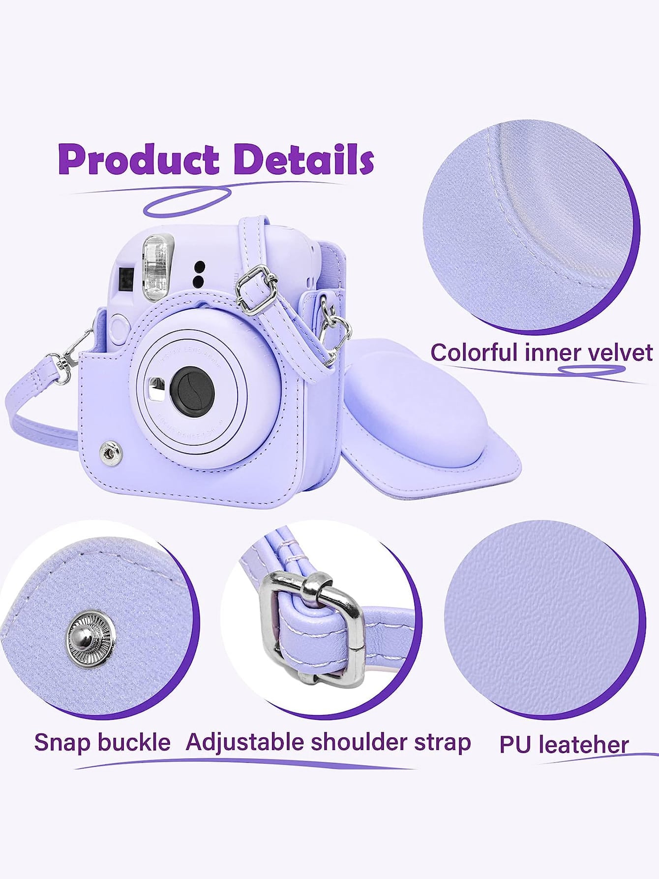 Instant Mini 12 Camera Case, Compatible With Mini 12/Mini 12 Camera- PU Leather Protective Cover With Adjustable Shoulder Strap- Pale Purple, Purple