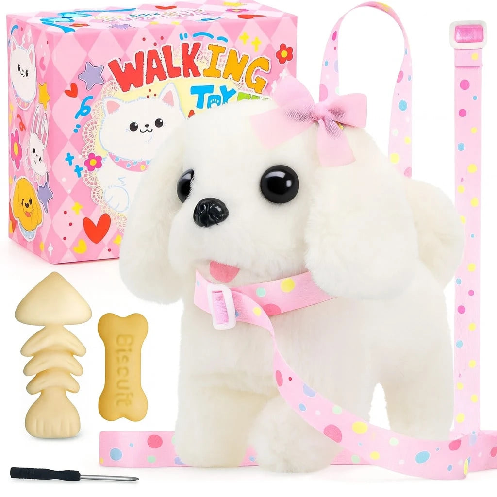 Interactive Walking And Barking Plush Puppy Toy For Kids, Adorable Electronic Dog With Leash, Wagging Tail, Bone, Fishbone And Bow Accessories, Realistic Pretend Pet Toy, Perfect Easter, Christmas, An