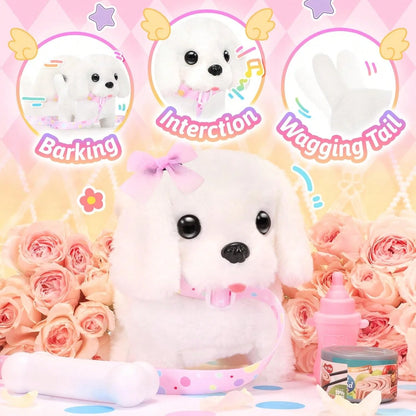 Interactive Walking And Barking Plush Puppy Toy For Kids, Adorable Electronic Dog With Leash, Wagging Tail, Bone, Fishbone And Bow Accessories, Realistic Pretend Pet Toy, Perfect Easter, Christmas, An