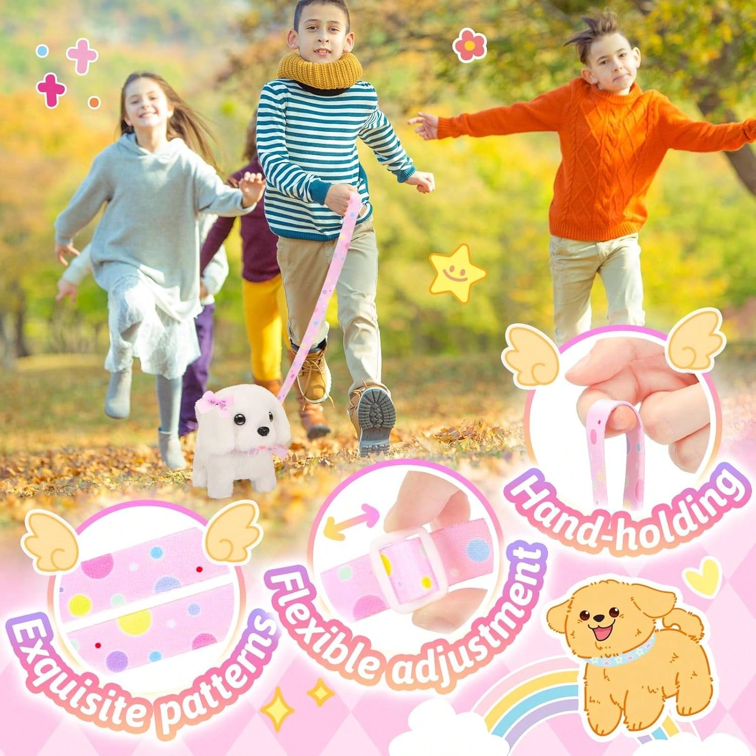 Interactive Walking And Barking Plush Puppy Toy For Kids, Adorable Electronic Dog With Leash, Wagging Tail, Bone, Fishbone And Bow Accessories, Realistic Pretend Pet Toy, Perfect Easter, Christmas, An