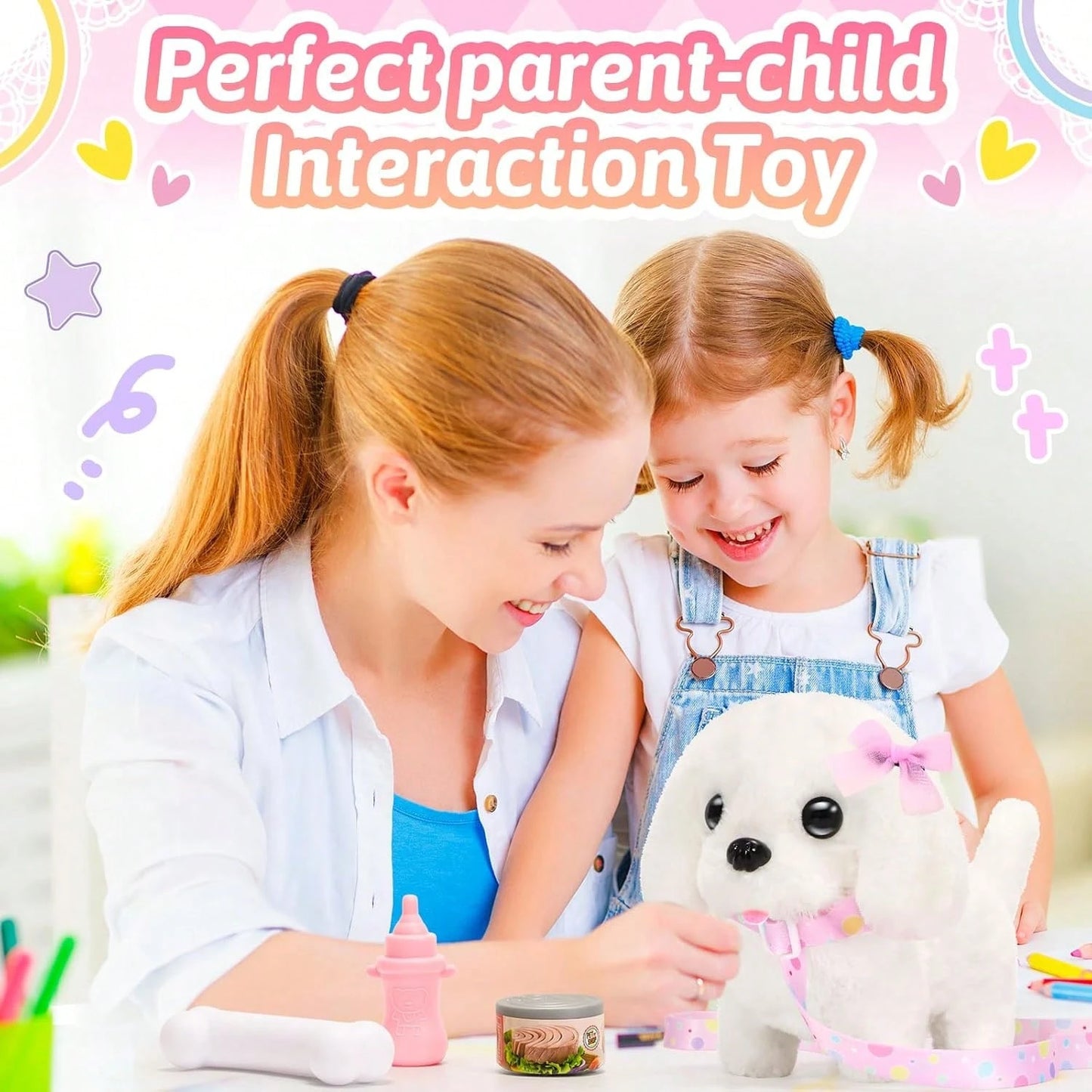 Interactive Walking And Barking Plush Puppy Toy For Kids, Adorable Electronic Dog With Leash, Wagging Tail, Bone, Fishbone And Bow Accessories, Realistic Pretend Pet Toy, Perfect Easter, Christmas, An