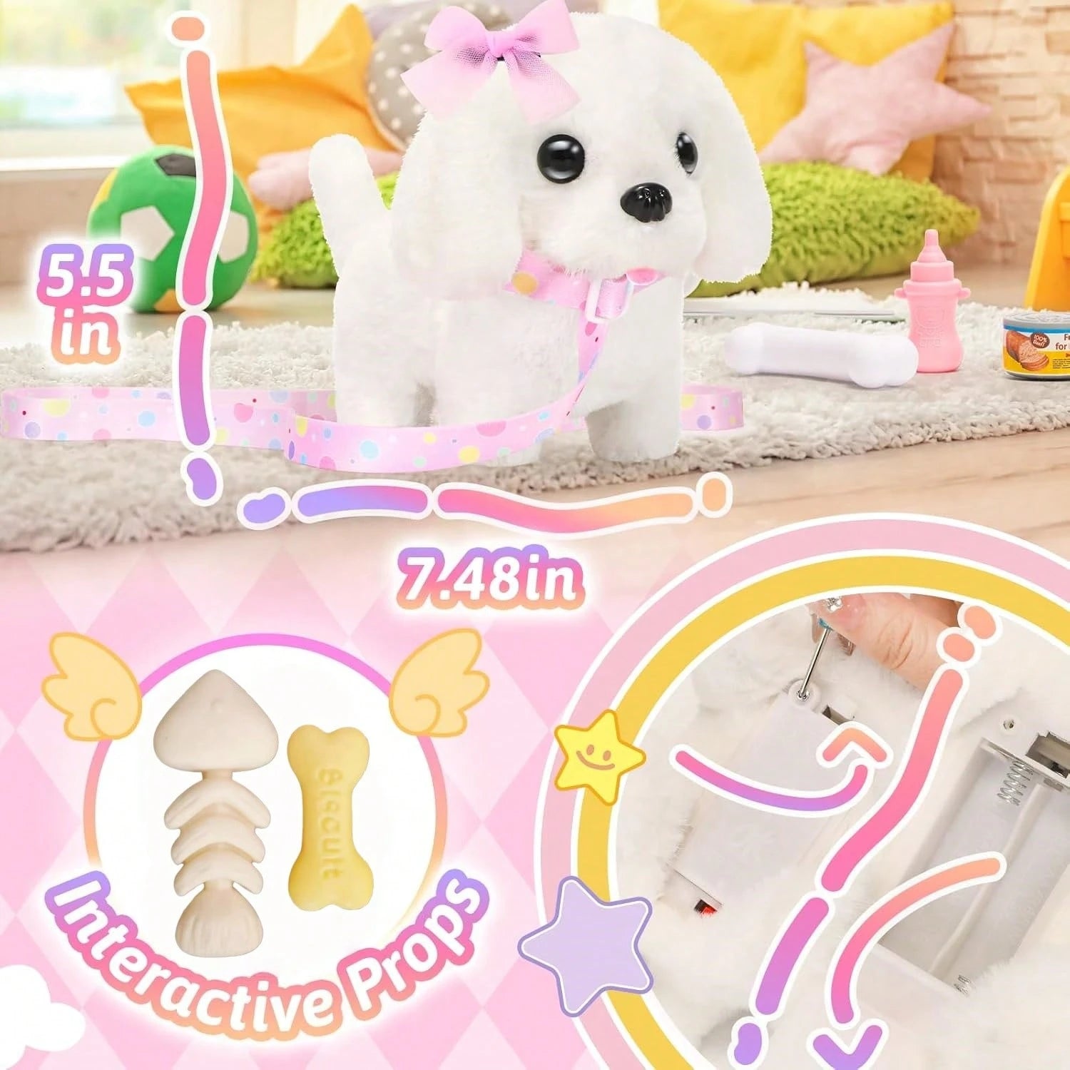 Interactive Walking And Barking Plush Puppy Toy For Kids, Adorable Electronic Dog With Leash, Wagging Tail, Bone, Fishbone And Bow Accessories, Realistic Pretend Pet Toy, Perfect Easter, Christmas, An