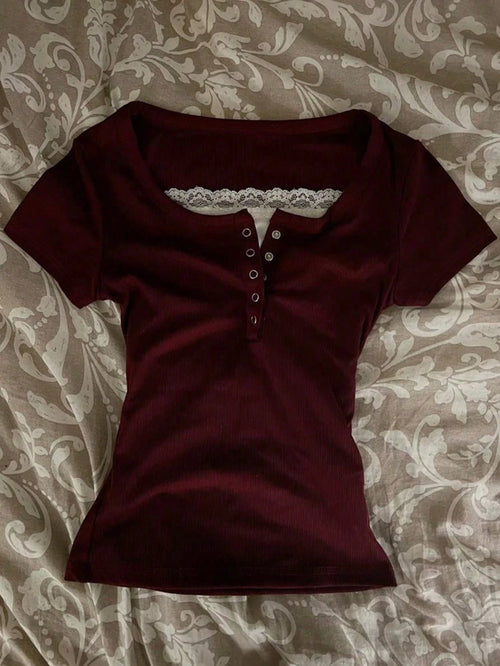 IslaSuriya Women's Casual Commuter Contrast Color Lace Button Short Sleeve Fitted T-Shirt