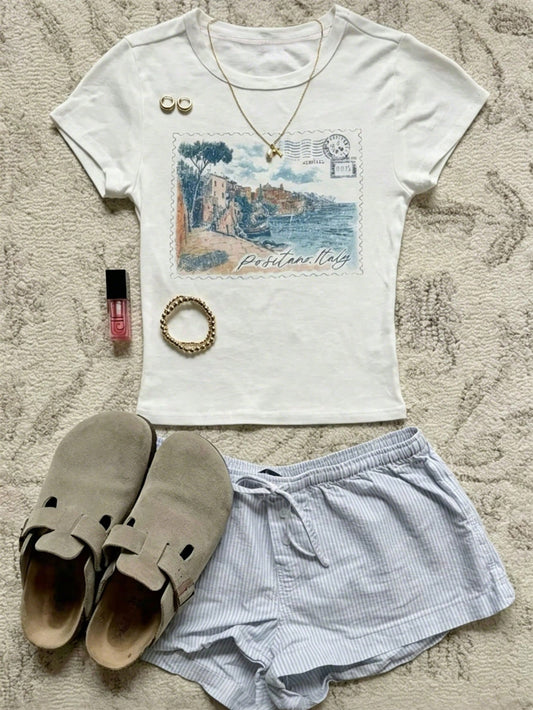 IslaSuriya Women White Ink Print Fitted Short Sleeve T-Shirt