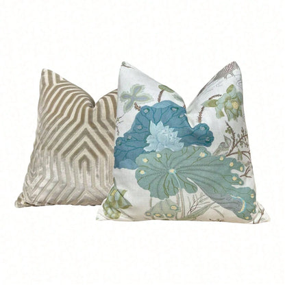 Jade Pillow, Designer Aqua Teal Exotic Bird Cushion, Luxury Botanical Pillow Cover, Decorative Pillow In Aqua.