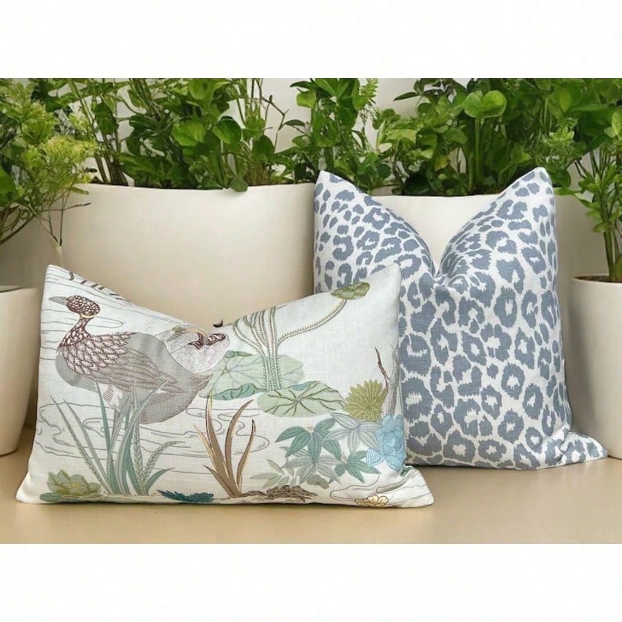Jade Pillow, Designer Aqua Teal Exotic Bird Cushion, Luxury Botanical Pillow Cover, Decorative Pillow In Aqua.