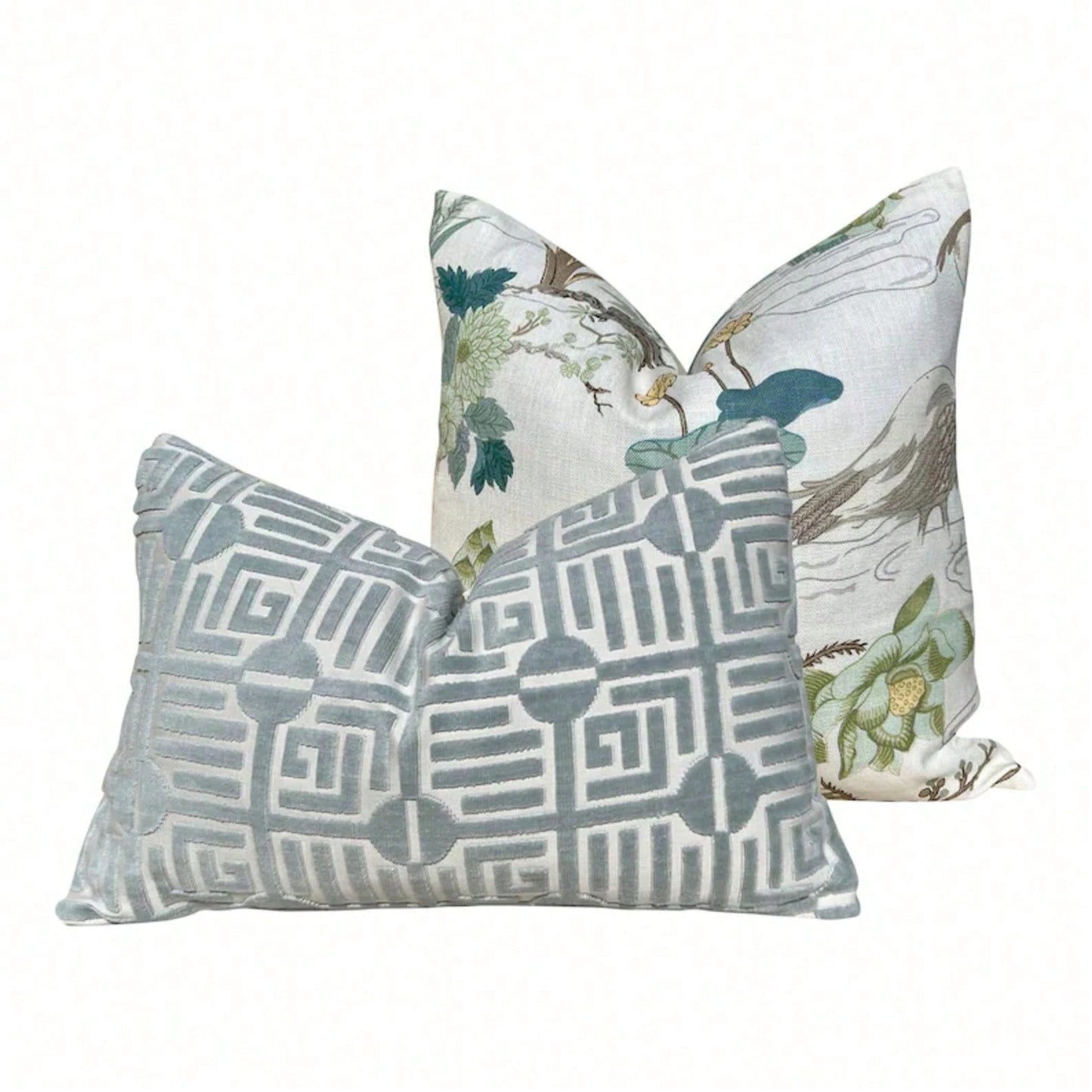 Jade Pillow, Designer Aqua Teal Exotic Bird Cushion, Luxury Botanical Pillow Cover, Decorative Pillow In Aqua.