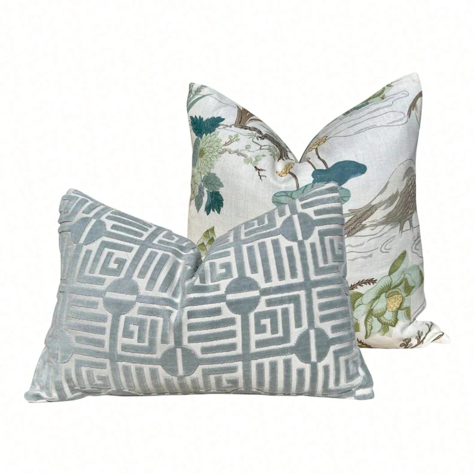 Jade Pillow, Designer Aqua Teal Exotic Bird Cushion, Luxury Botanical Pillow Cover, Decorative Pillow In Aqua.