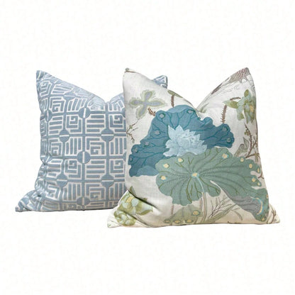 Jade Pillow, Designer Aqua Teal Exotic Bird Cushion, Luxury Botanical Pillow Cover, Decorative Pillow In Aqua.