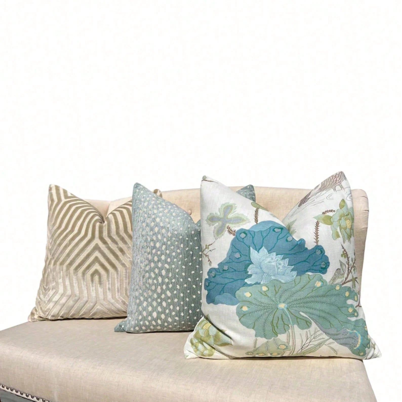 Jade Pillow, Designer Aqua Teal Exotic Bird Cushion, Luxury Botanical Pillow Cover, Decorative Pillow In Aqua.