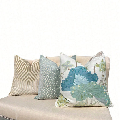 Jade Pillow, Designer Aqua Teal Exotic Bird Cushion, Luxury Botanical Pillow Cover, Decorative Pillow In Aqua.