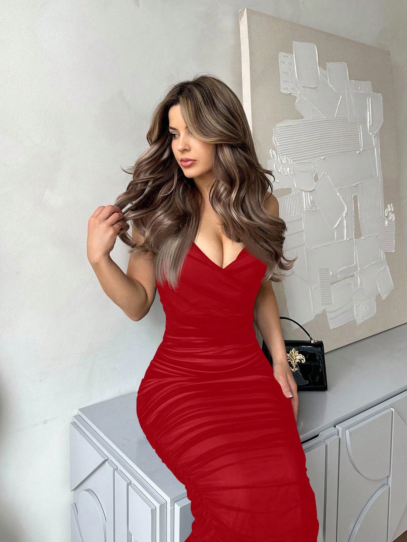 Jemour Prom Dress;Women's Deep V-Neck Spaghetti Strap Bodycon Midi Knitted Dress