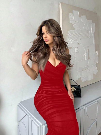 Jemour Prom Dress;Women's Deep V-Neck Spaghetti Strap Bodycon Midi Knitted Dress