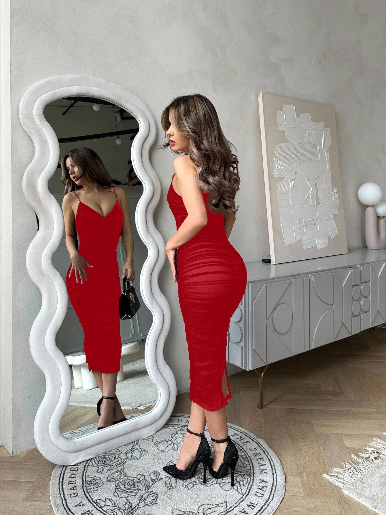 Jemour Prom Dress;Women's Deep V-Neck Spaghetti Strap Bodycon Midi Knitted Dress
