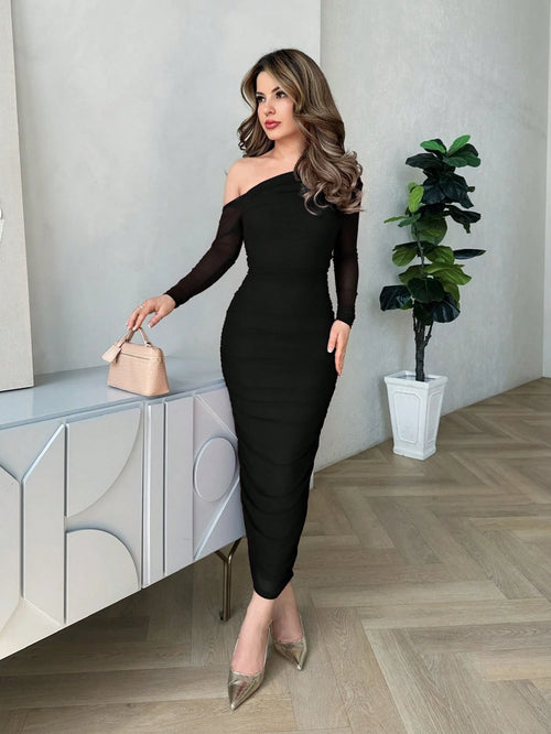Jemour Women Elegant Ruched Mesh Party Evening Midi Dress With Long Sleeves, Slim Fit, For Autumn
