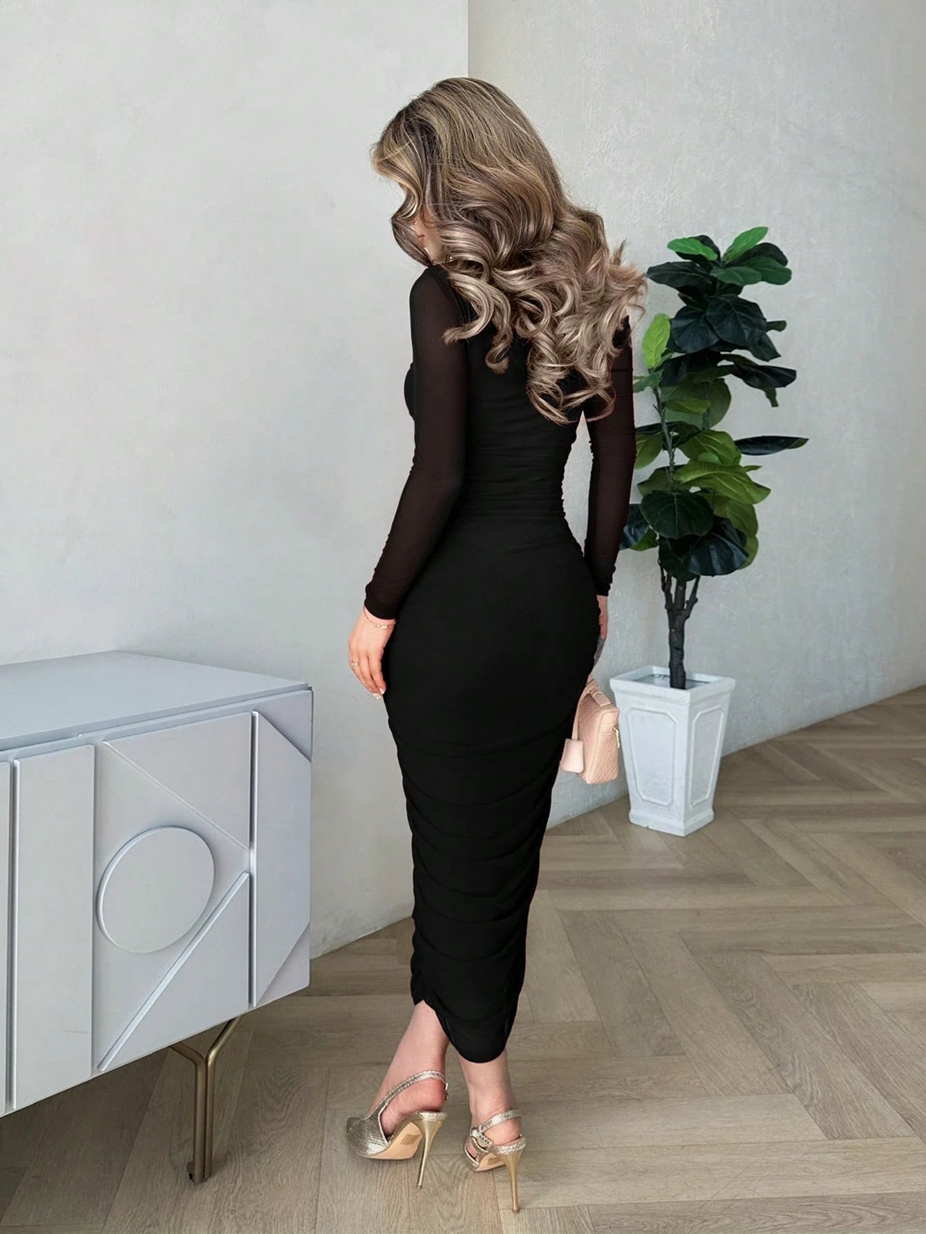 Jemour Women Elegant Ruched Mesh Party Evening Midi Dress With Long Sleeves, Slim Fit, For Autumn