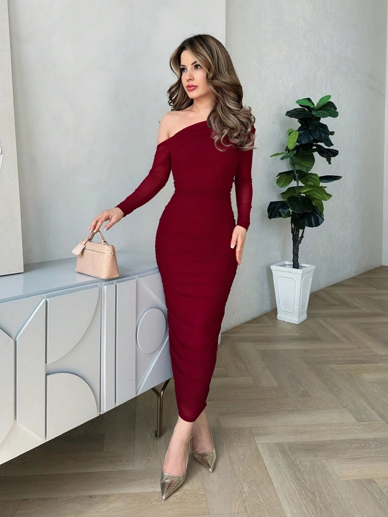 Jemour Women Elegant Ruched Mesh Party Evening Midi Dress With Long Sleeves, Slim Fit, For Autumn