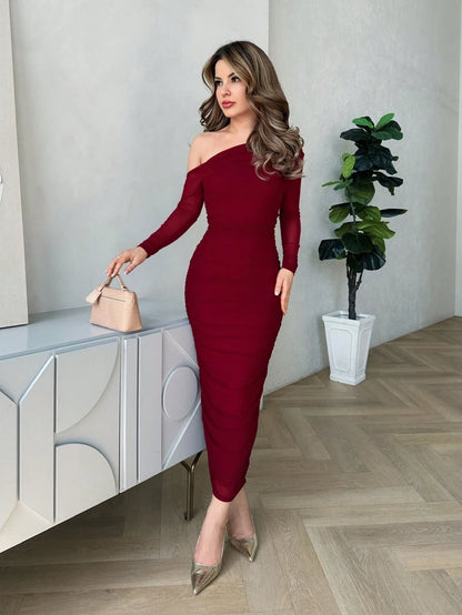 Jemour Women Elegant Ruched Mesh Party Evening Midi Dress With Long Sleeves, Slim Fit, For Autumn